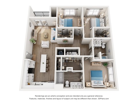 Floor plan for 3 beds, 2 baths, 1396 sqft